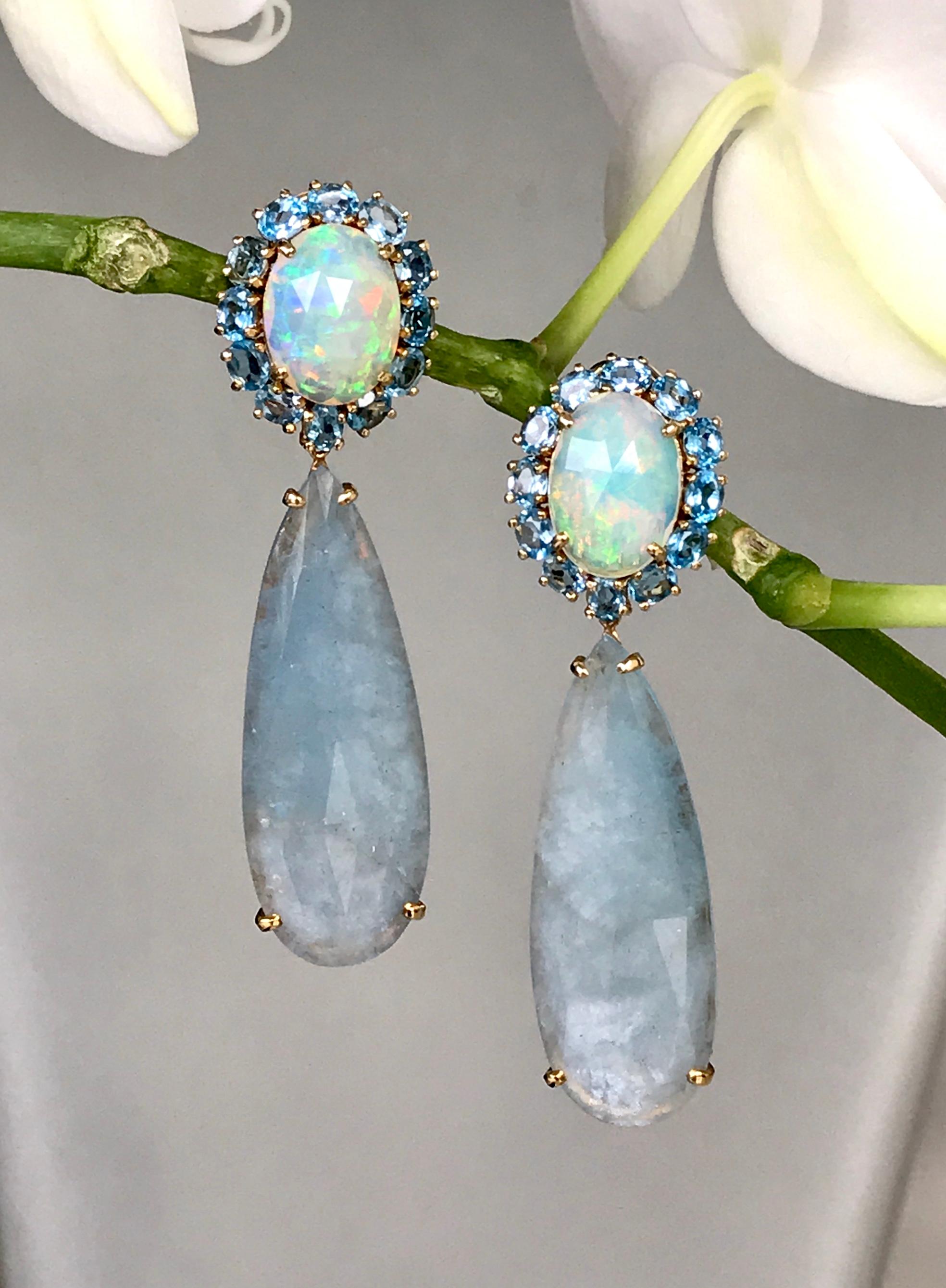 18 Karat Yellow Gold Opal Rose Cut Aquamarine Blue Topaz Diamond Drop Earrings In New Condition For Sale In New York, NY