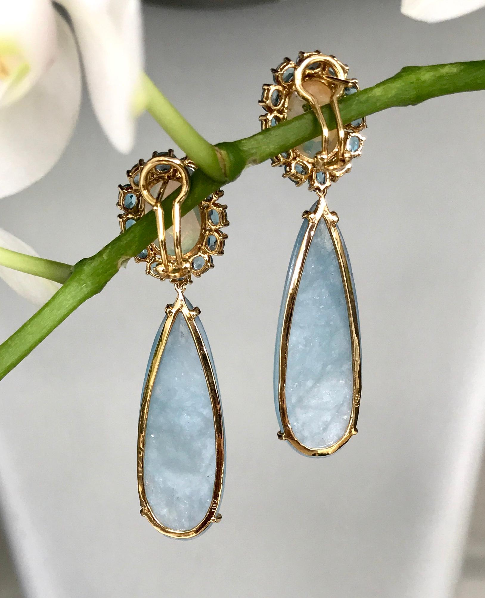 Women's 18 Karat Yellow Gold Opal Rose Cut Aquamarine Blue Topaz Diamond Drop Earrings For Sale