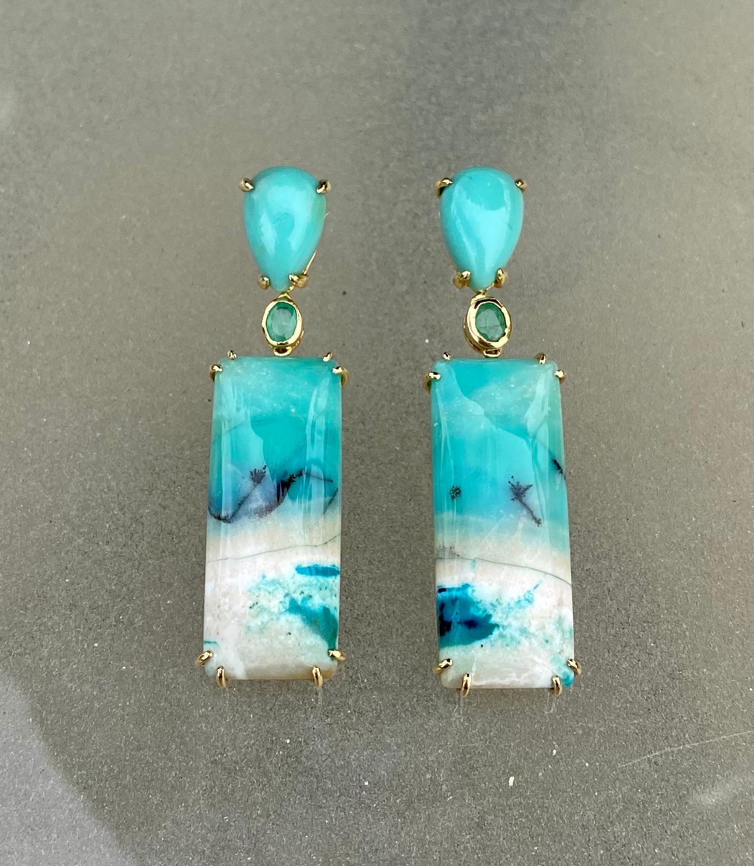 Contemporary 18 Karat Yellow Gold Opalized Petrified Wood Emerald Drop Dangle Earrings