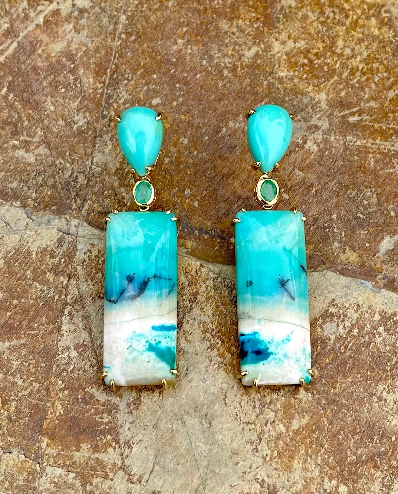 Mixed Cut 18 Karat Yellow Gold Opalized Petrified Wood Emerald Drop Dangle Earrings