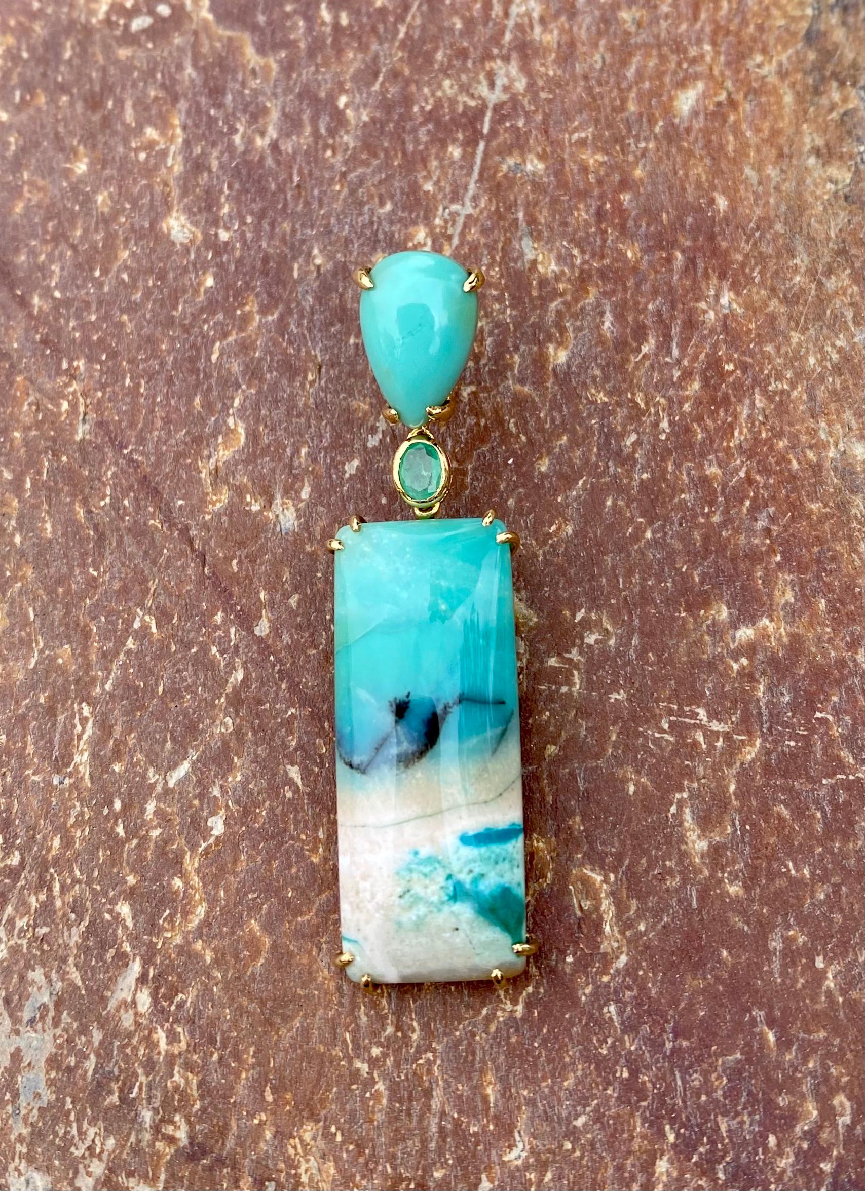 18 Karat Yellow Gold Opalized Petrified Wood Emerald Drop Dangle Earrings In New Condition In New York, NY