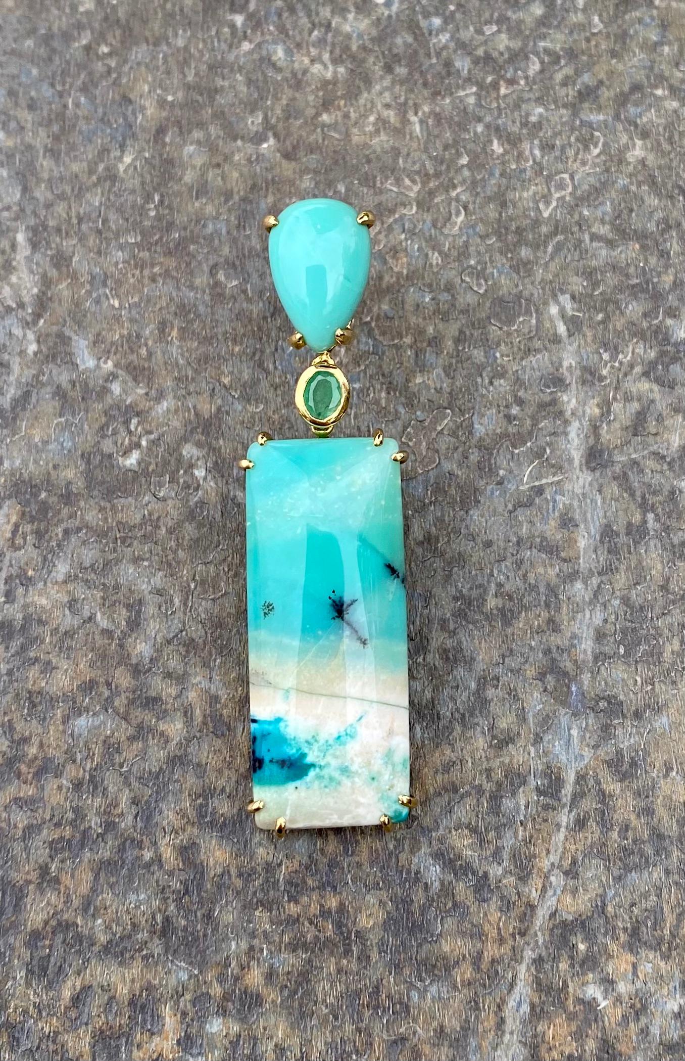 Women's 18 Karat Yellow Gold Opalized Petrified Wood Emerald Drop Dangle Earrings