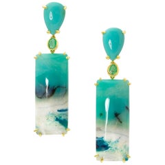 18 Karat Yellow Gold Opalized Petrified Wood Emerald Drop Dangle Earrings