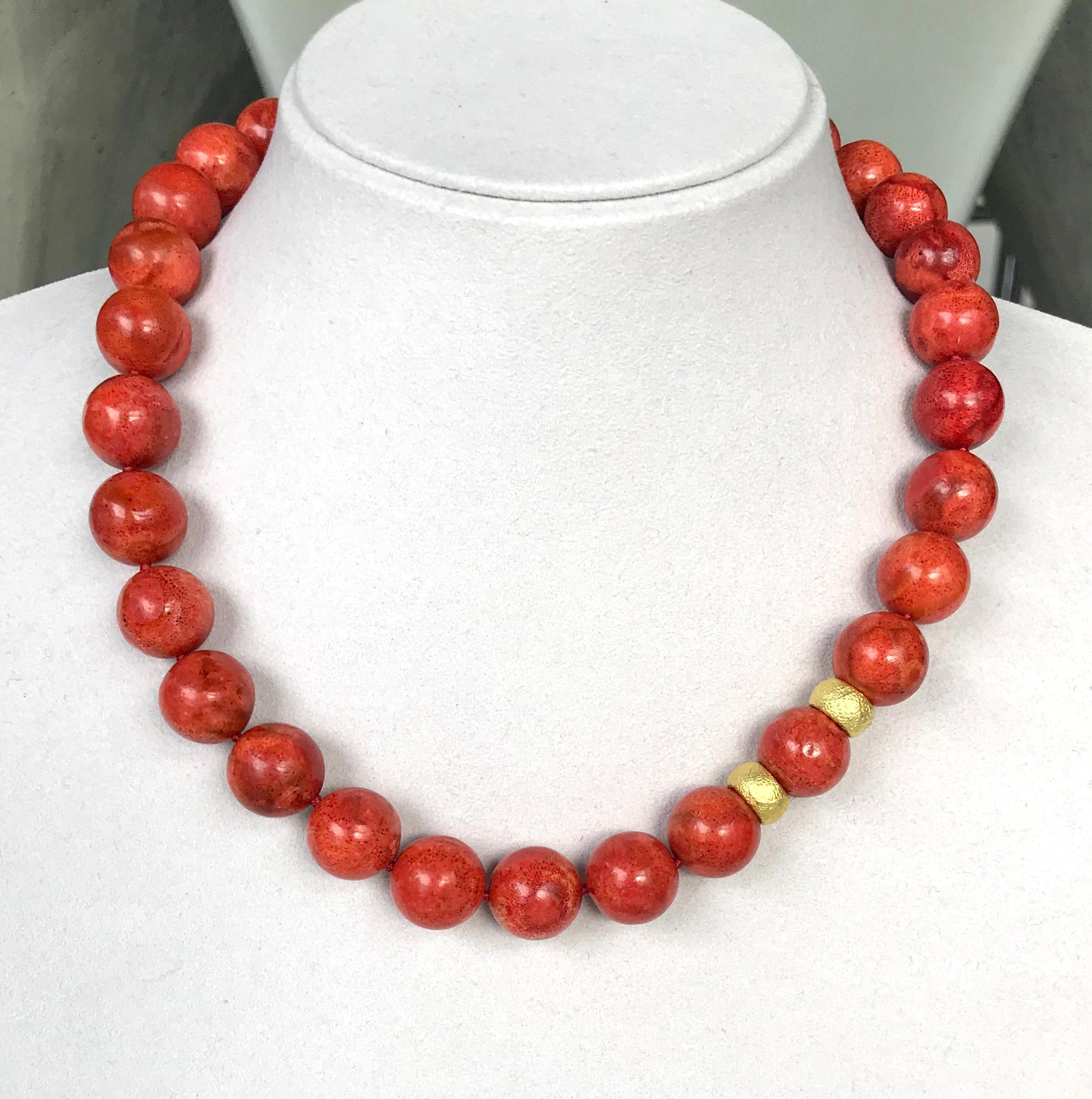Contemporary Orange Coral Bead Necklace 18 Karat Gold Enhancers and Clasp For Sale