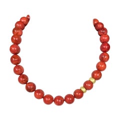 Orange Coral Bead Necklace 18 Karat Gold Enhancers and Clasp