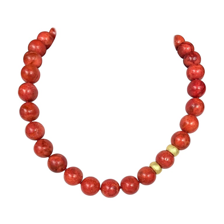 Orange Coral Bead Necklace 18 Karat Gold Enhancers and Clasp For Sale