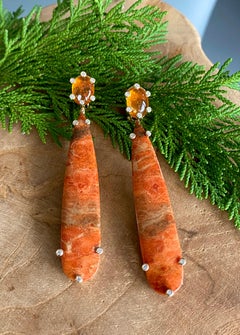 Orange Sponge Coral Spessartite Garnet Diamond 18 Karat Gold Drop Earrings
