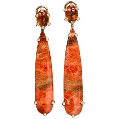 Orange Sponge Coral Spessartite Garnet Diamond 18 Karat Gold Drop Earrings