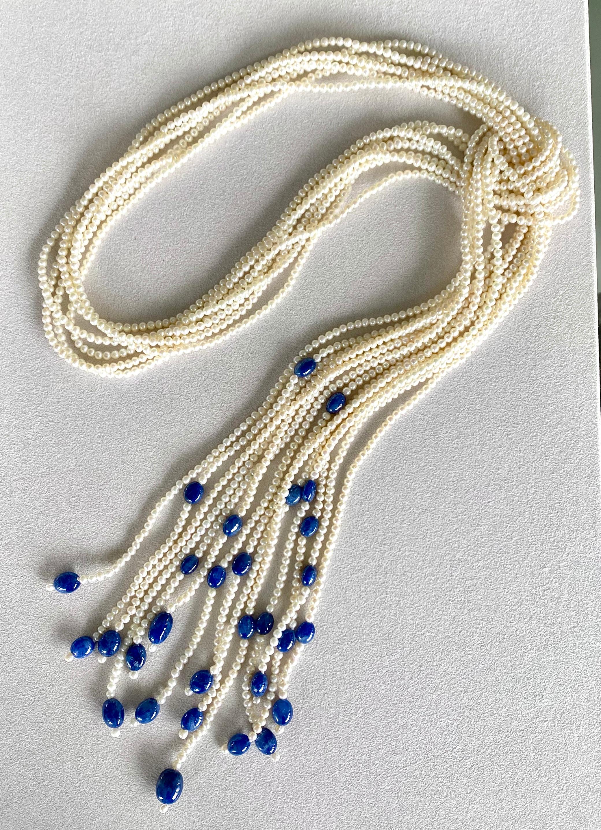 Contemporary Round White Seed Pearls and Blue Sapphire Beads Seven Strand Necklace For Sale