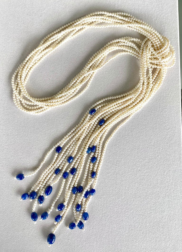 Mixed Cut Round White Seed Pearls and Blue Sapphire Beads Seven Strand Necklace For Sale