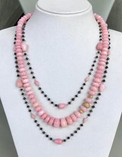 Pink Opal and Black Diamond Beads 14 Karat White Gold Chain Necklace