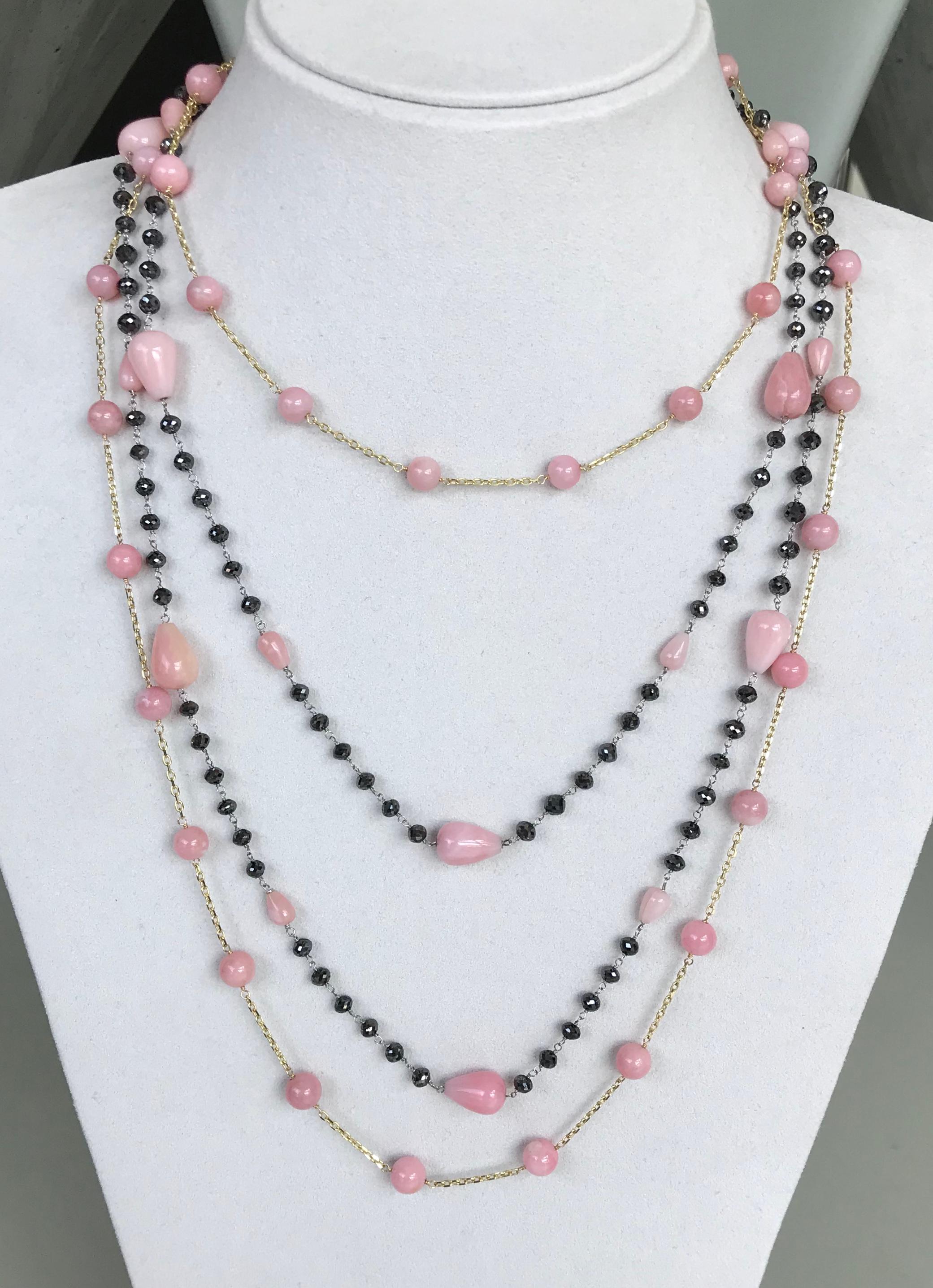 Contemporary Pink Opal and Black Diamond Beads 14 Karat White Gold Chain Necklace For Sale