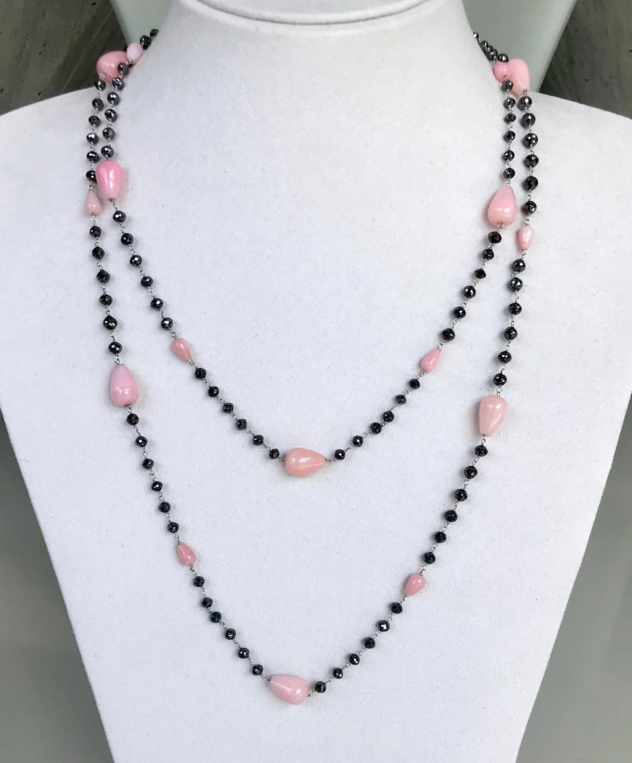Pink Opal and Black Diamond Beads 14 Karat White Gold Chain Necklace In New Condition For Sale In New York, NY