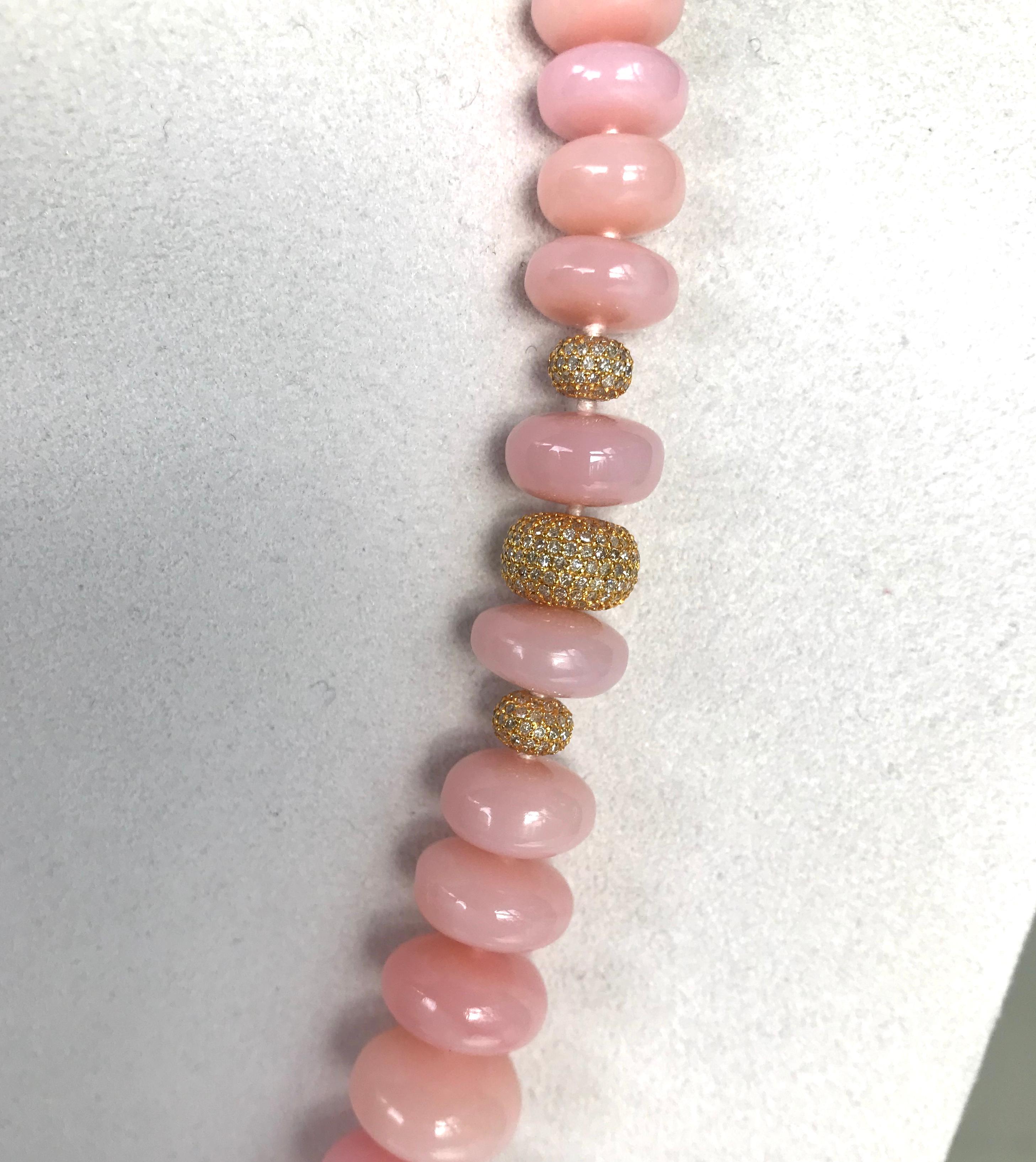 Contemporary  14 Karat Yellow Gold Pink Opal Beaded Necklace with Diamond Beads and Clasp