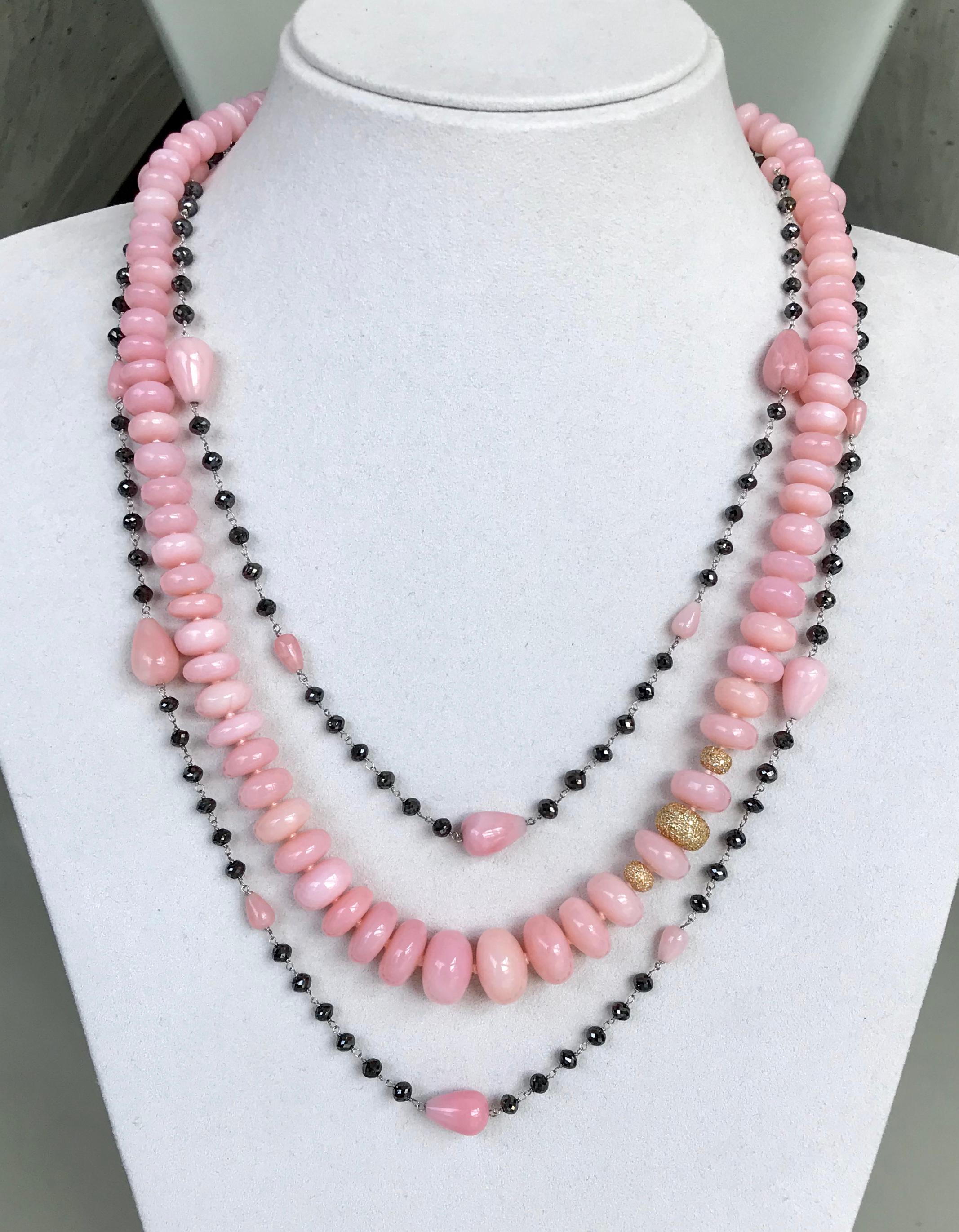  14 Karat Yellow Gold Pink Opal Beaded Necklace with Diamond Beads and Clasp In New Condition In New York, NY