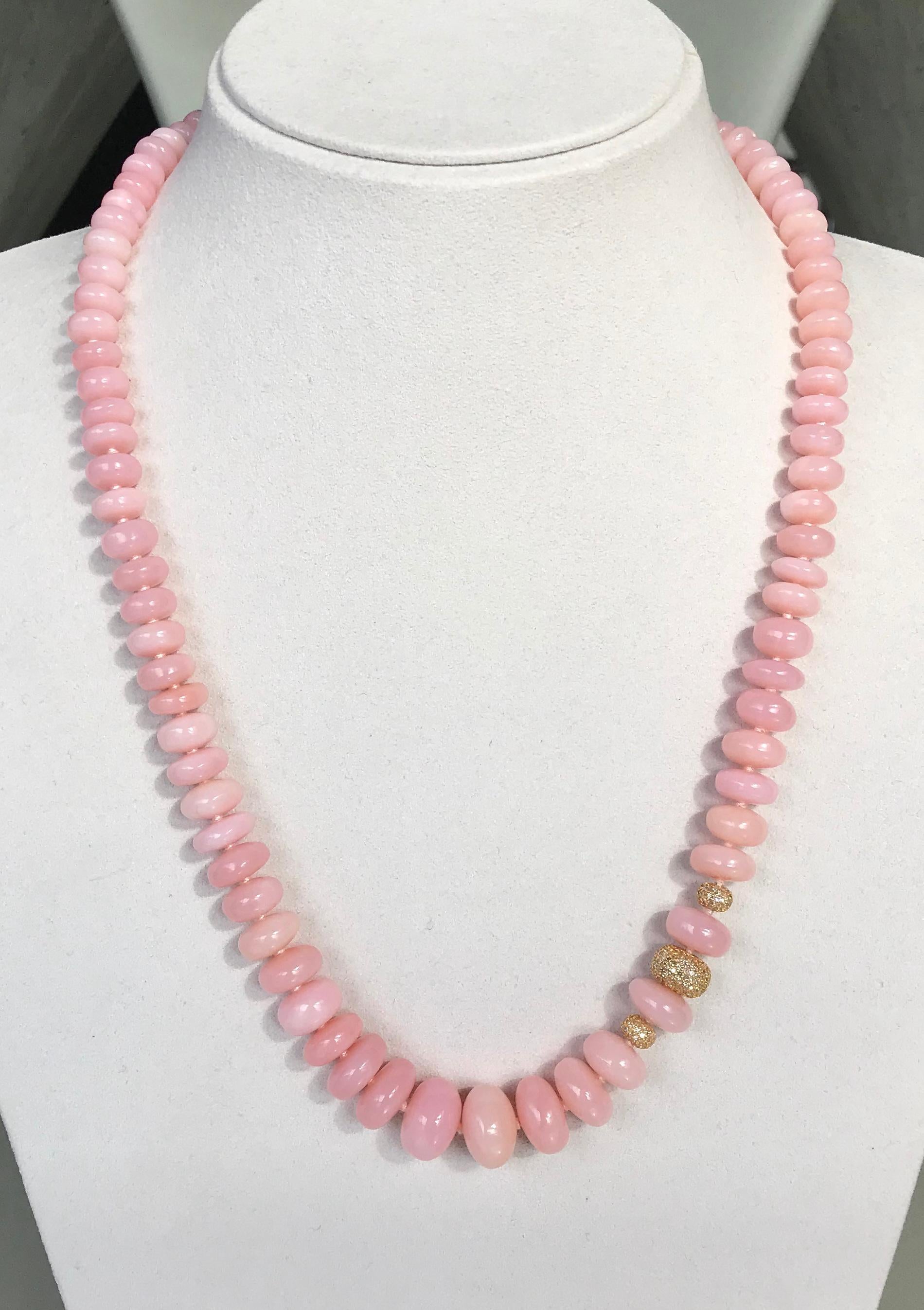 Women's or Men's  14 Karat Yellow Gold Pink Opal Beaded Necklace with Diamond Beads and Clasp