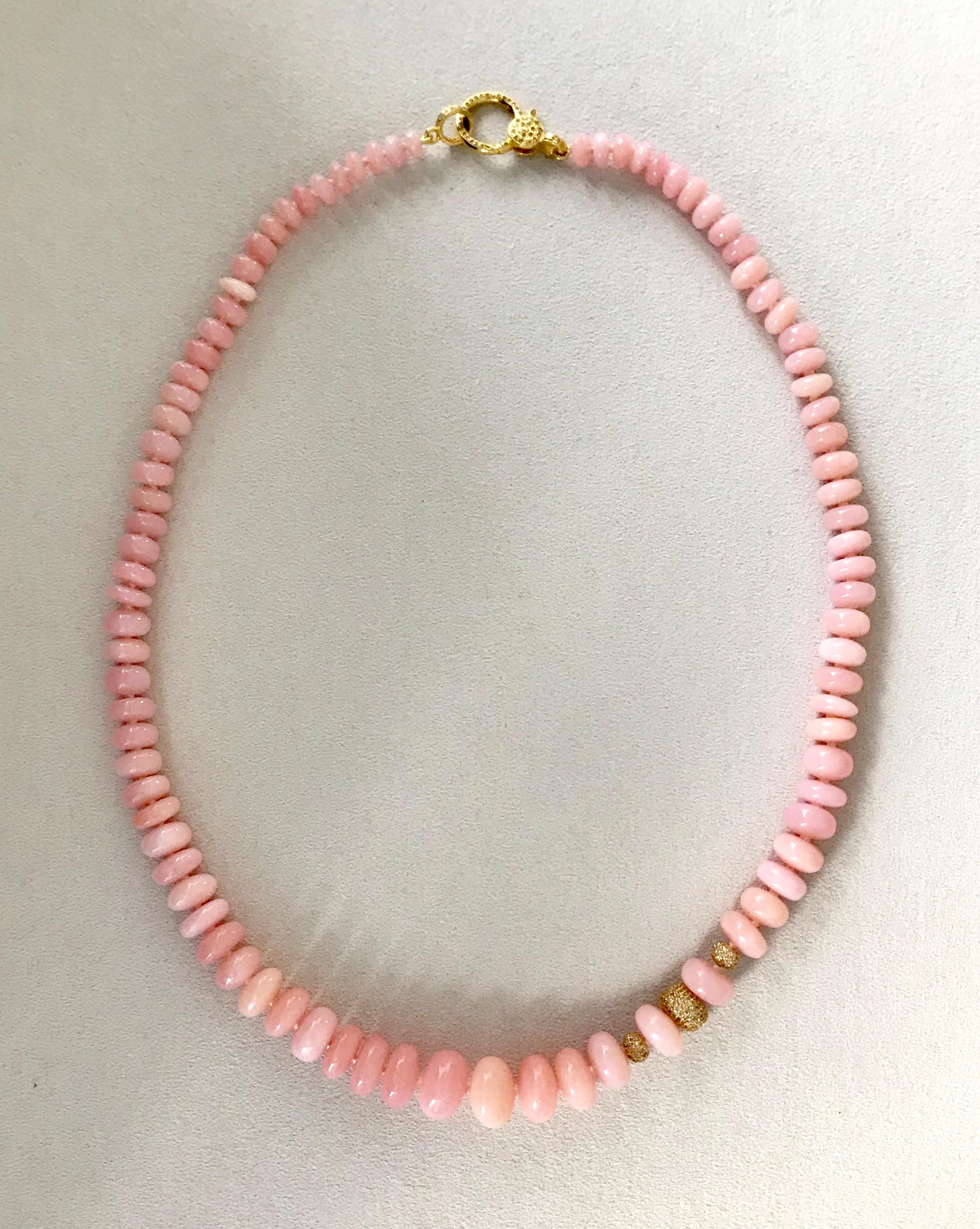  14 Karat Yellow Gold Pink Opal Beaded Necklace with Diamond Beads and Clasp 1