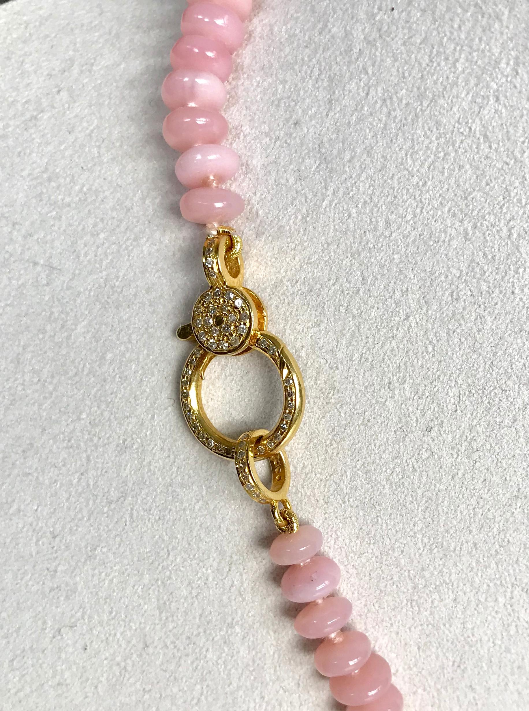 14 Karat Yellow Gold Pink Opal Beaded Necklace with Diamond Beads and Clasp 2