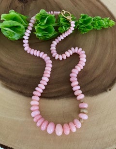 Pink Opal Beads Diamond Enhancers Diamond Clasp 14 Karat Gold Necklace