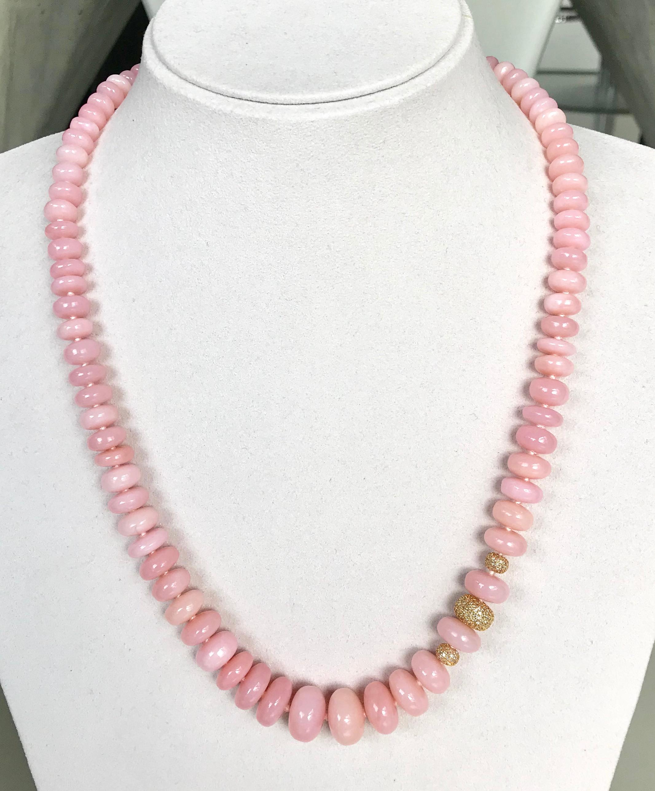 Contemporary Pink Opal Beads Diamond Enhancers Diamond Clasp 14 Karat Gold Necklace For Sale