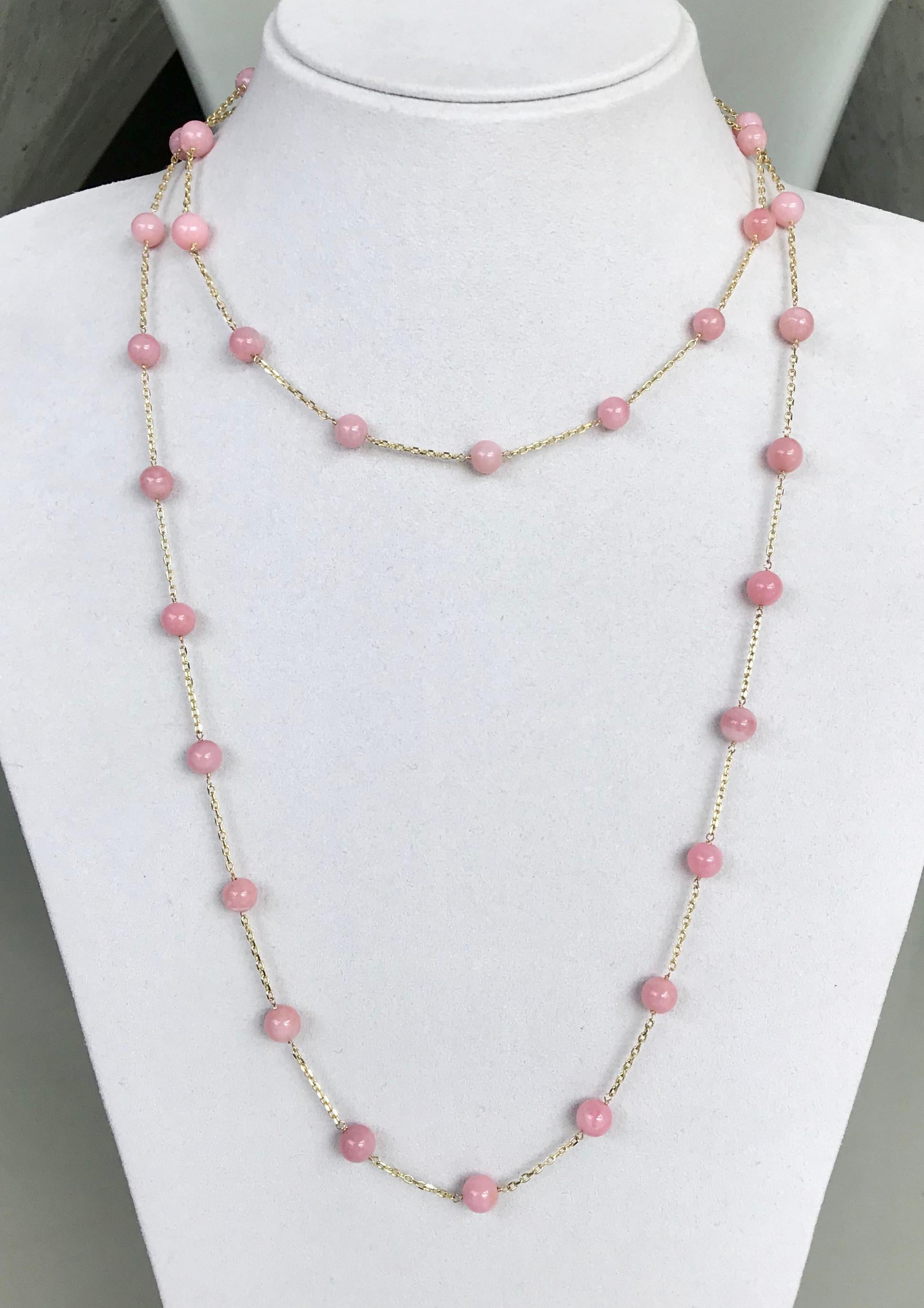 Contemporary  Pink Opal Beads Station Chain Necklace in 14 Karat Gold