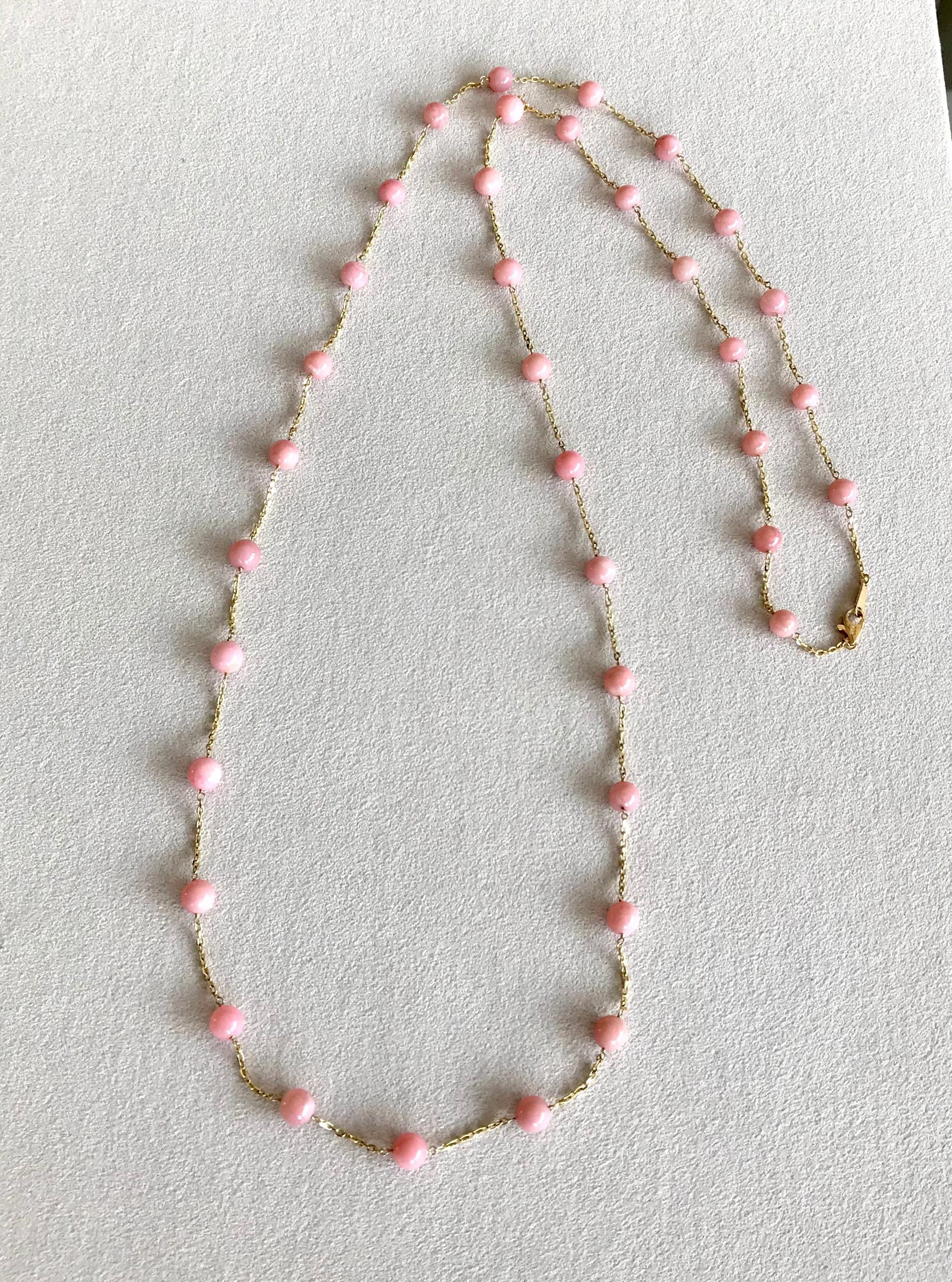  Pink Opal Beads Station Chain Necklace in 14 Karat Gold In New Condition In New York, NY