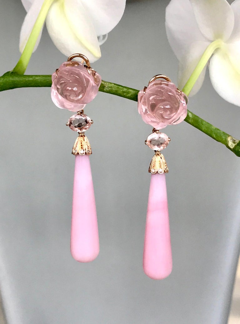 Joon Han Pink Opal Rose Quartz Pink Tourmaline Diamond 18K Gold Drop