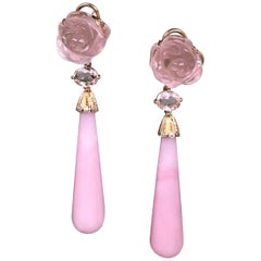 Joon Han Pink Opal Rose Quartz Pink Tourmaline Diamond 18K Gold Drop Earrings