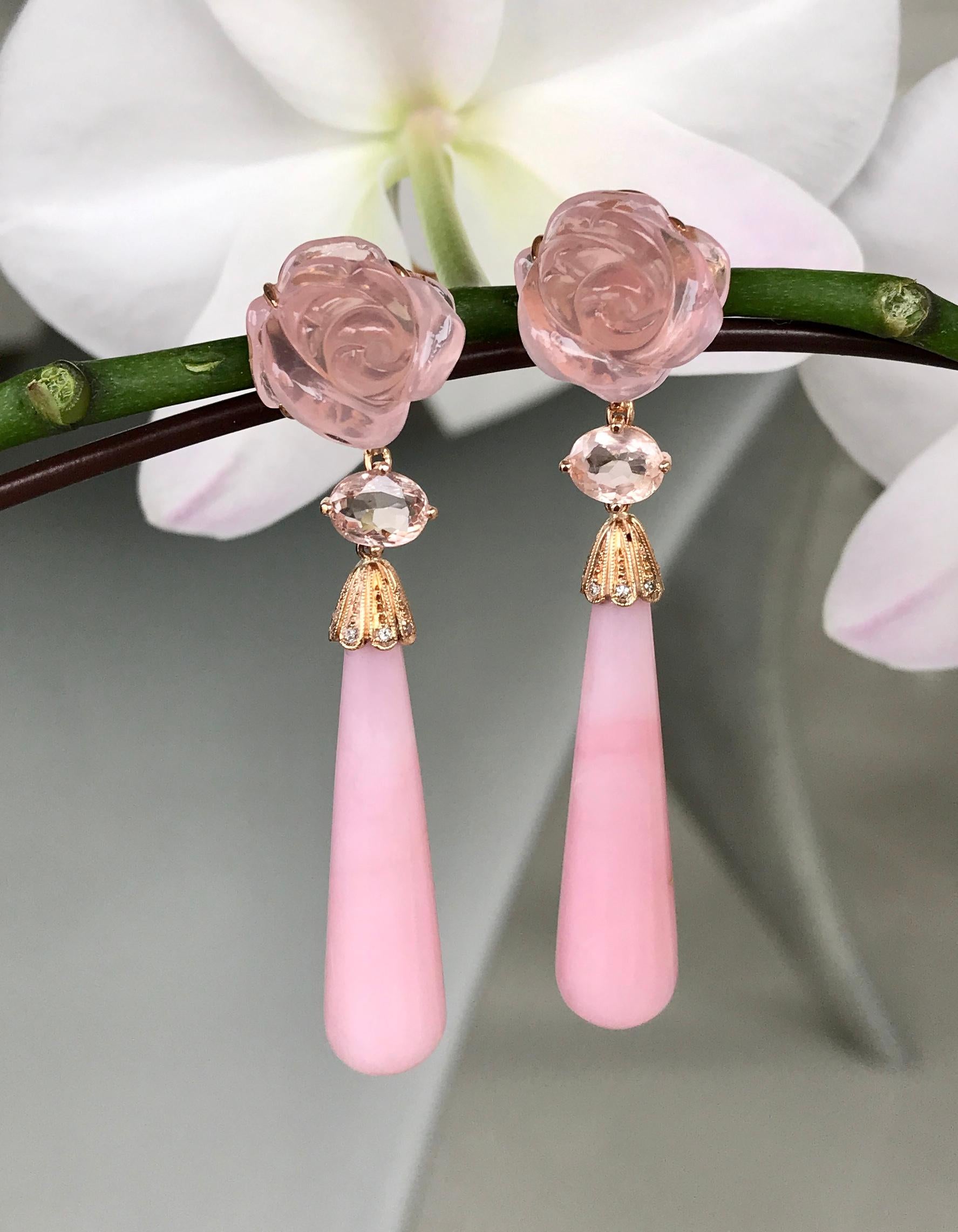 Cabochon 18 Karat Rose Gold Pink Opal Rose Quartz Tourmaline Diamond Drop Dangle Earrings