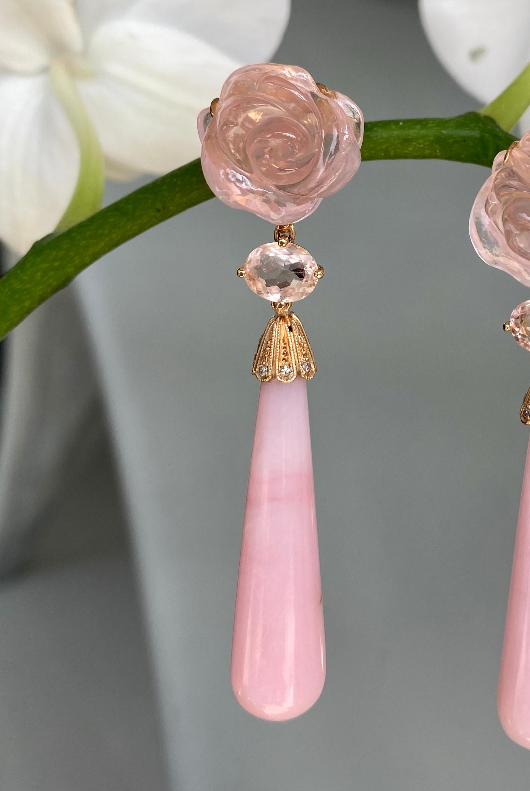 18 Karat Rose Gold Pink Opal Rose Quartz Tourmaline Diamond Drop Dangle Earrings In New Condition In New York, NY