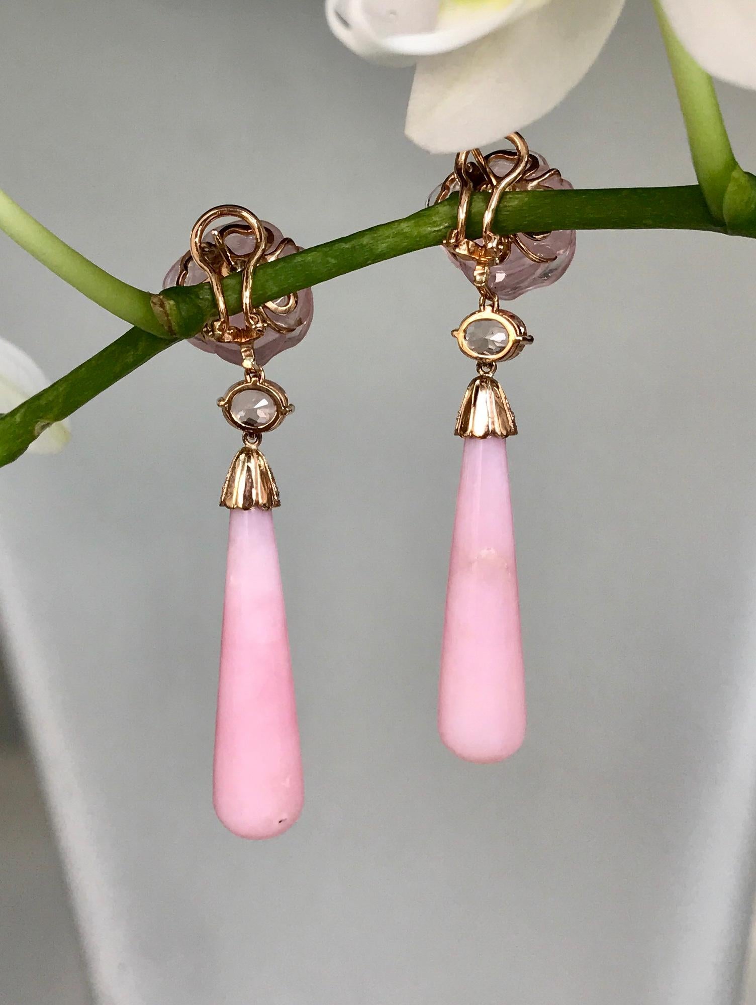 Women's 18 Karat Rose Gold Pink Opal Rose Quartz Tourmaline Diamond Drop Dangle Earrings