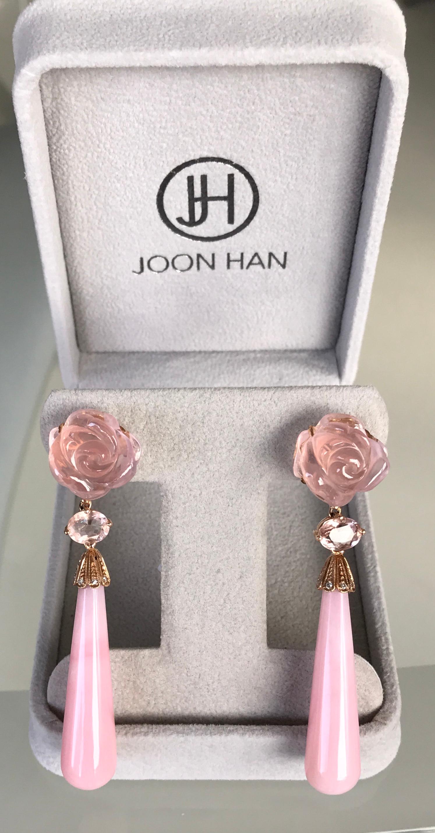 18 Karat Rose Gold Pink Opal Rose Quartz Tourmaline Diamond Drop Dangle Earrings 1