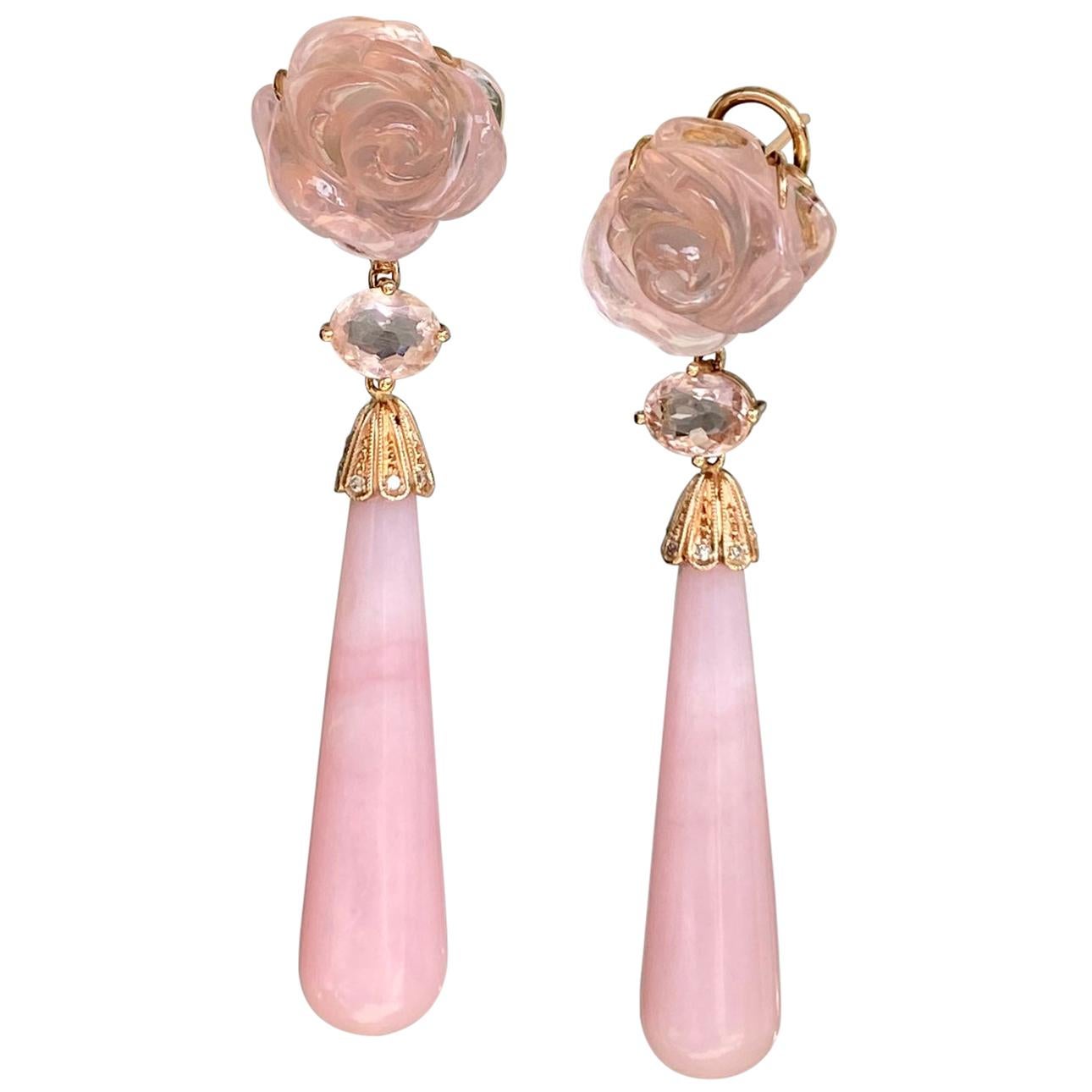 18 Karat Rose Gold Pink Opal Rose Quartz Tourmaline Diamond Drop Dangle Earrings