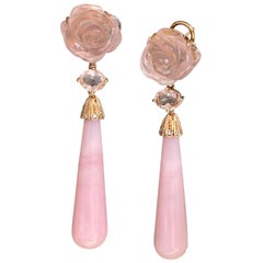 18 Karat Rose Gold Pink Opal Rose Quartz Tourmaline Diamond Drop Dangle Earrings