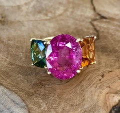 18 Karat Yellow Gold Pink Tourmaline Citrine Tourmaline 3-Stone Cocktail Ring
