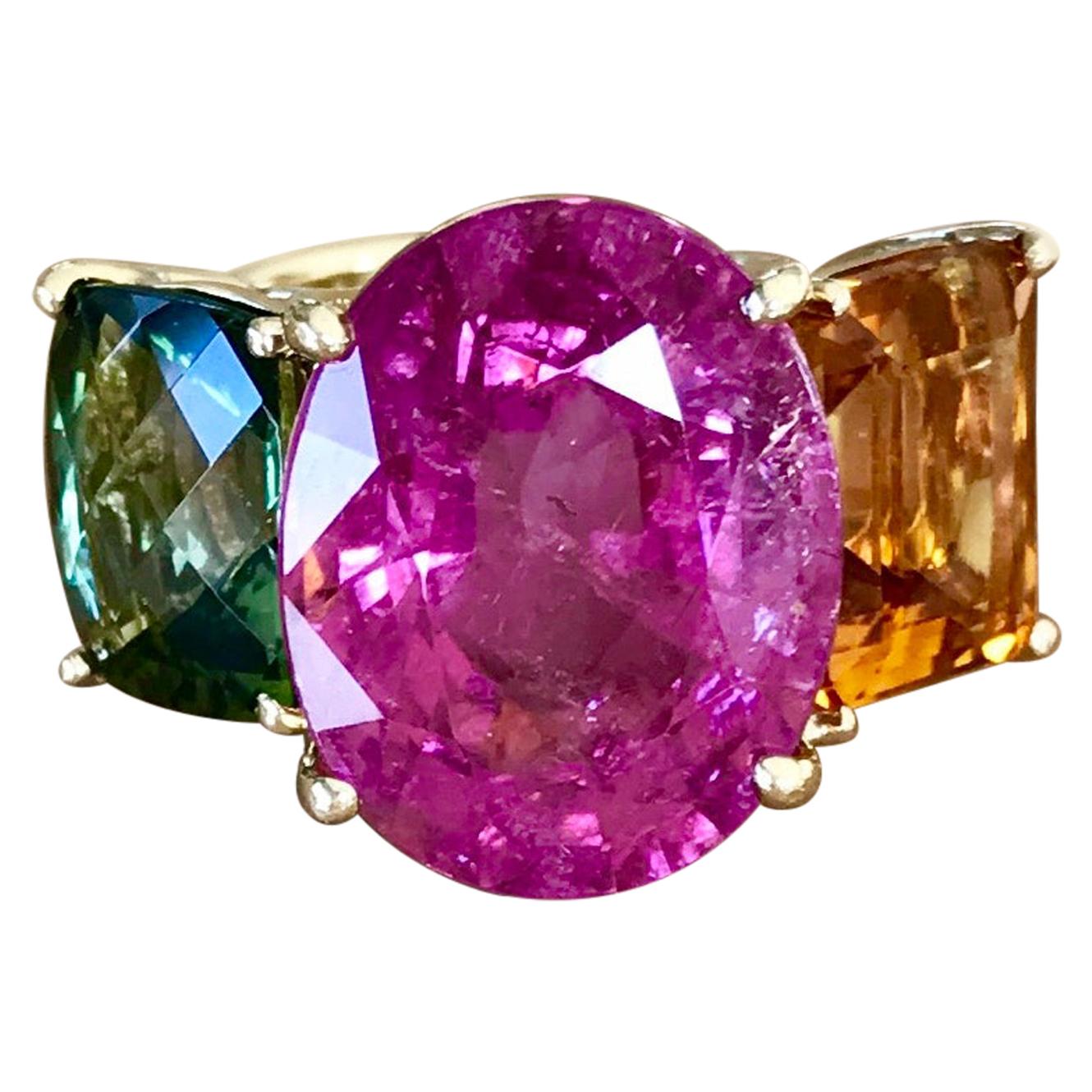 18 Karat Gelbgold Rosa Turmalin Citrin Turmalin 3-Stein Cocktail-Ring im Angebot 2