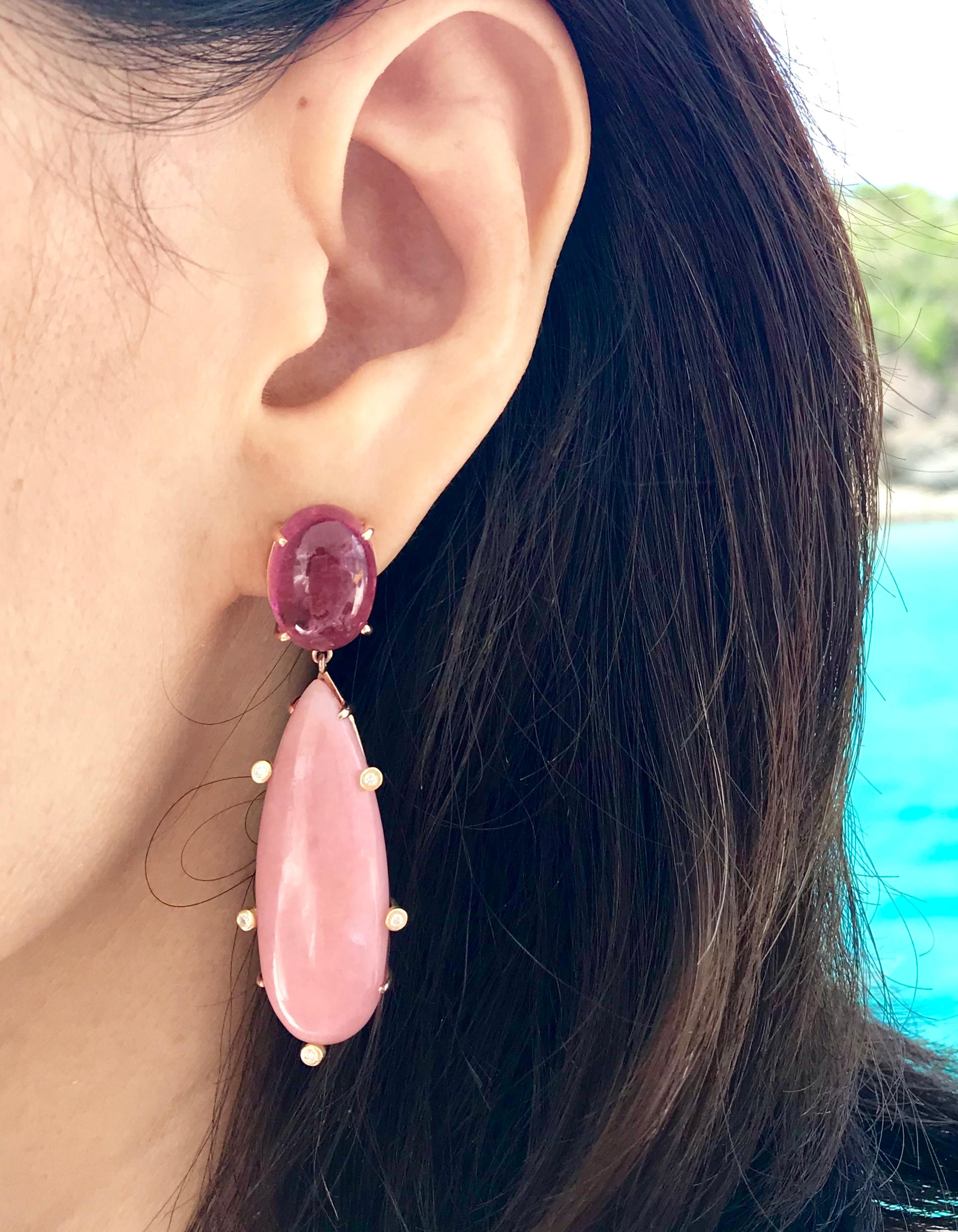 Contemporary 18 Karat Rose Gold Pink Tourmaline Pink Opal Diamond Drop Dangle Earrings For Sale