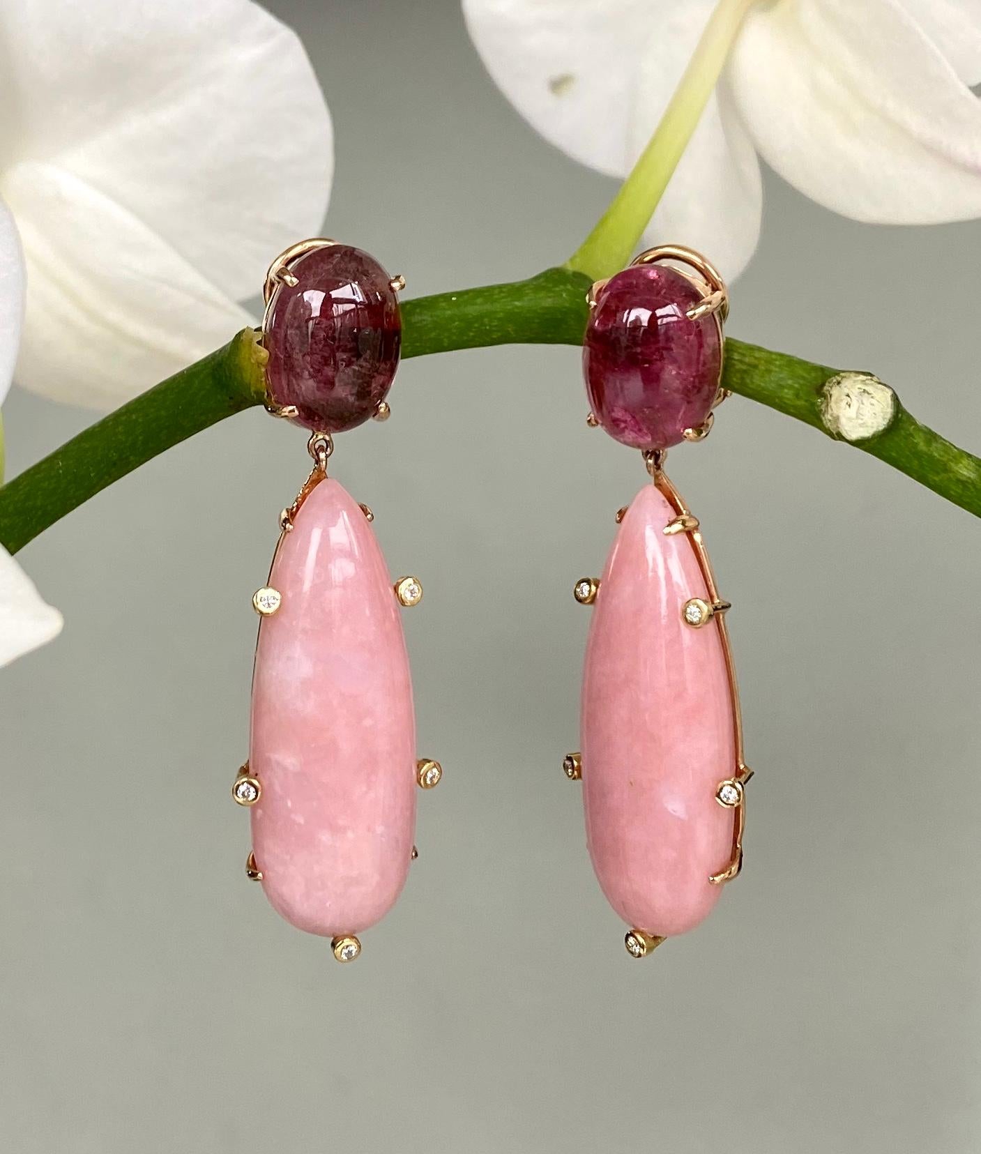 Cabochon 18 Karat Rose Gold Pink Tourmaline Pink Opal Diamond Drop Dangle Earrings For Sale