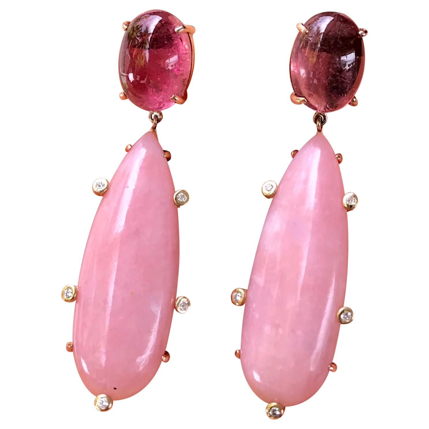 Pendants d'oreilles en goutte en or rose 18 carats avec tourmaline rose, opale rose et diamant
