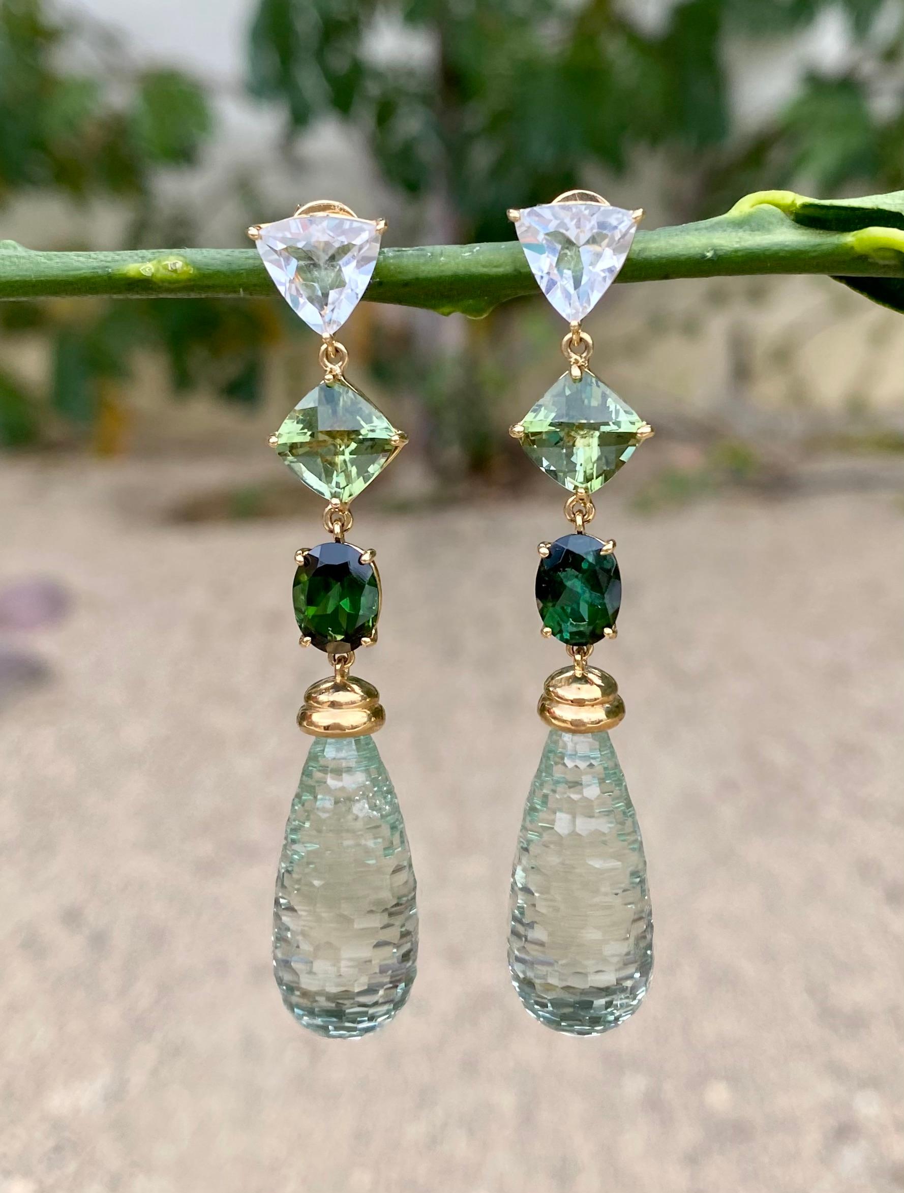 Contemporary 18 Karat Yellow Gold Prasiolite Briolette Tourmaline White Topaz Dangle Earrings For Sale