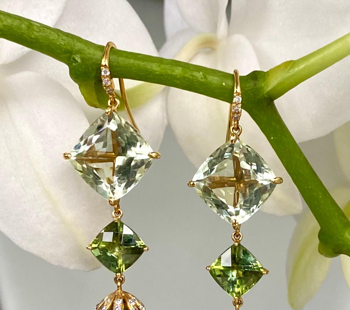 Contemporary 18 Karat Gold Prasiolite Tourmaline South Sea Tahitian Pearl Diamond Earring For Sale