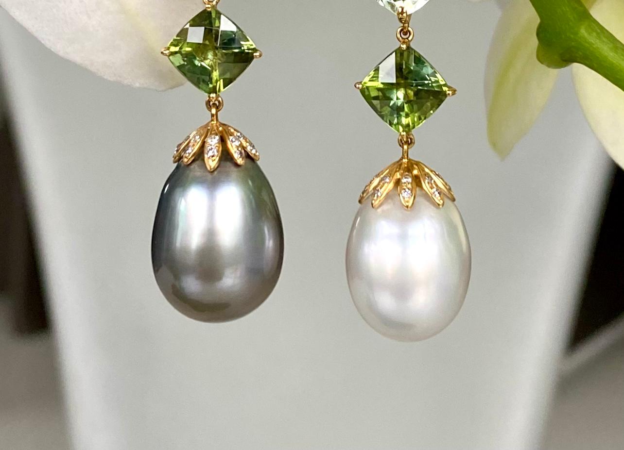 18 Karat Gold Prasiolith Turmalin Südsee-Tahiti-Perle Diamant-Ohrring (Gemischter Schliff) im Angebot
