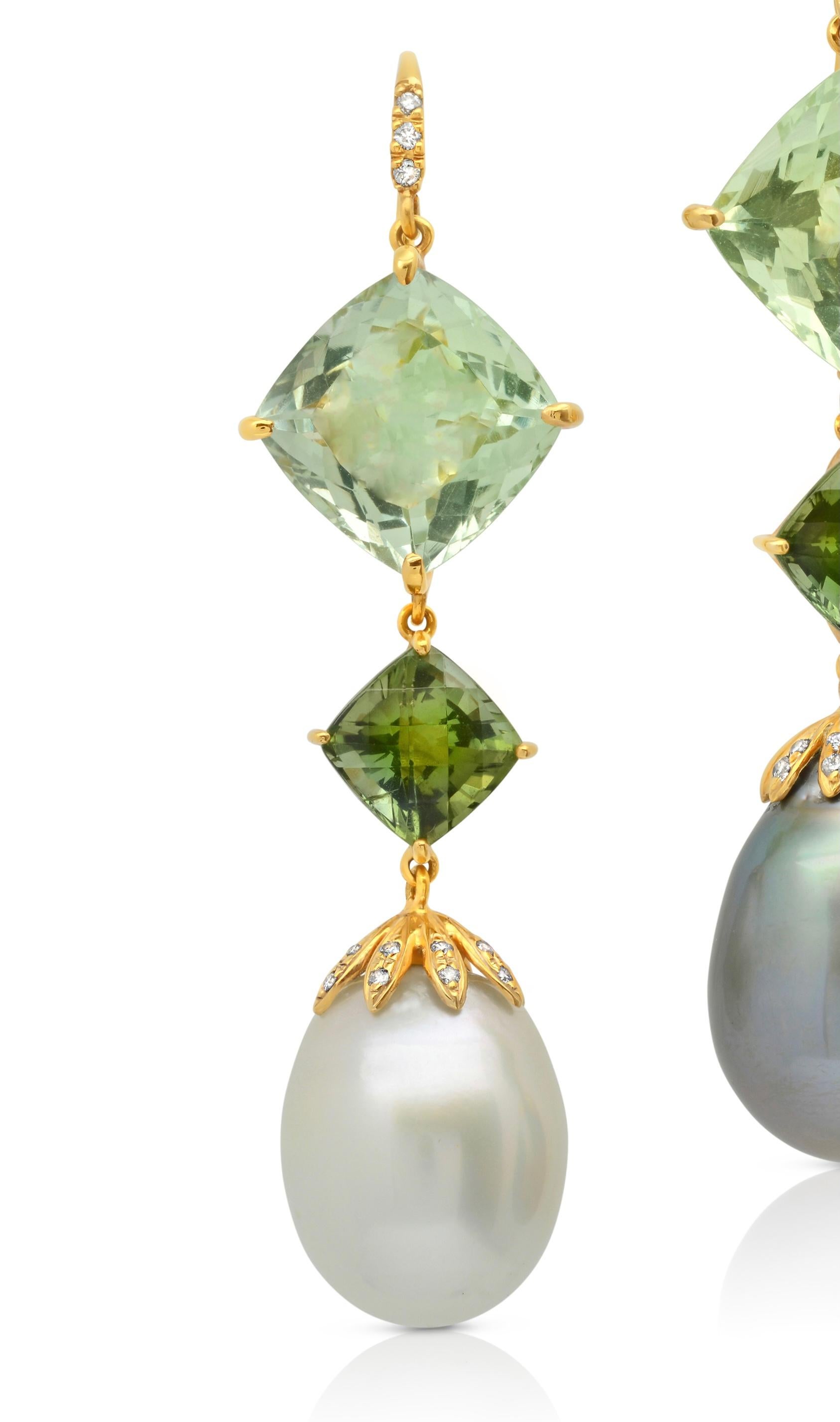 18 Karat Gold Prasiolith Turmalin Südsee-Tahiti-Perle Diamant-Ohrring im Zustand „Neu“ im Angebot in New York, NY