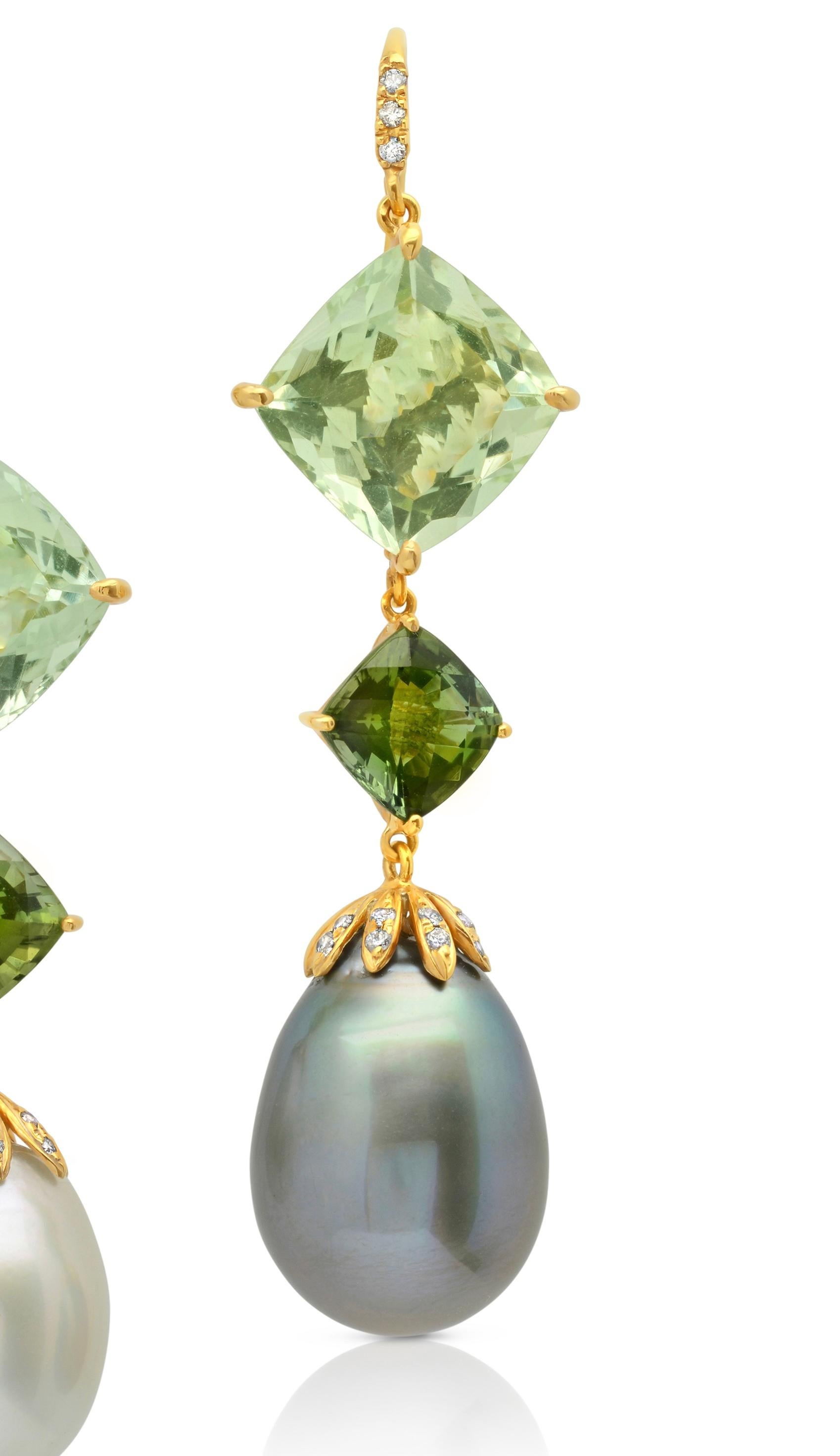 18 Karat Gold Prasiolith Turmalin Südsee-Tahiti-Perle Diamant-Ohrring Damen im Angebot
