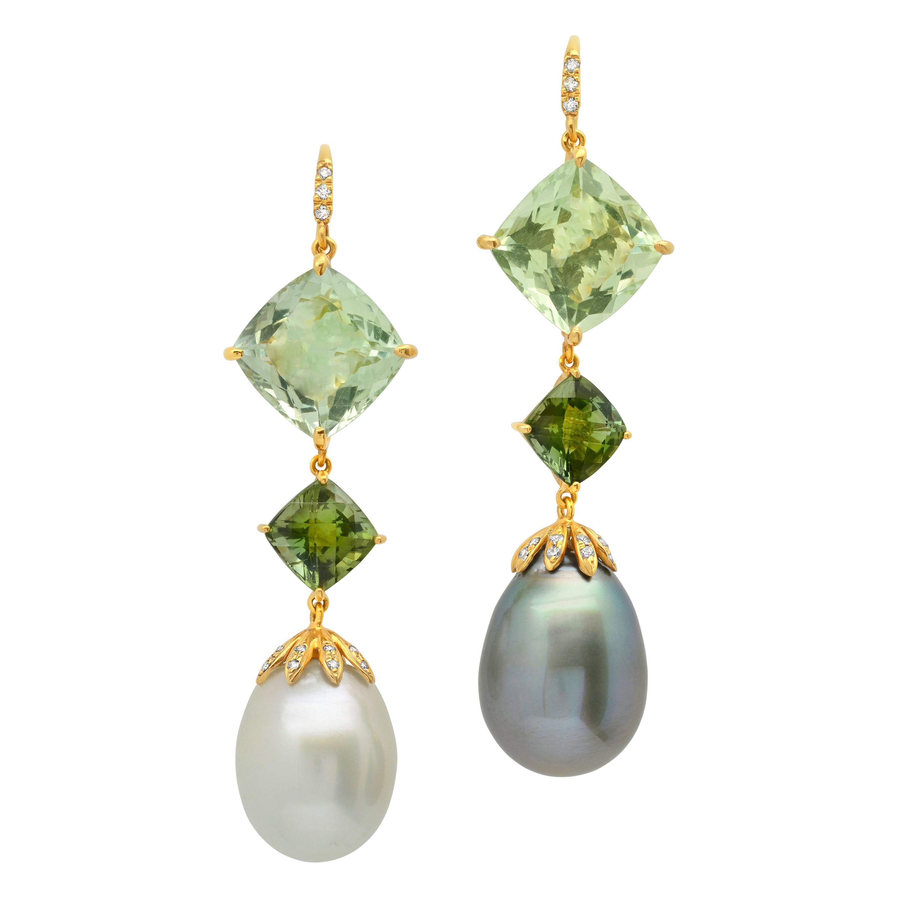 18 Karat Gold Prasiolite Tourmaline South Sea Tahitian Pearl Diamond Earring