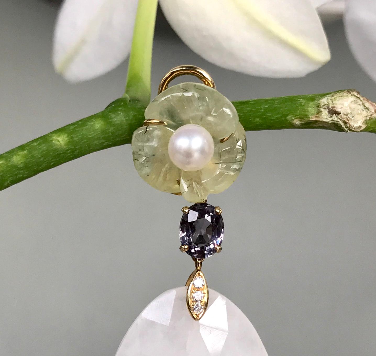 Contemporary 18 Karat Yellow Gold Prehnite Pearl Spinel Agate Diamond Drop Dangle Earrings