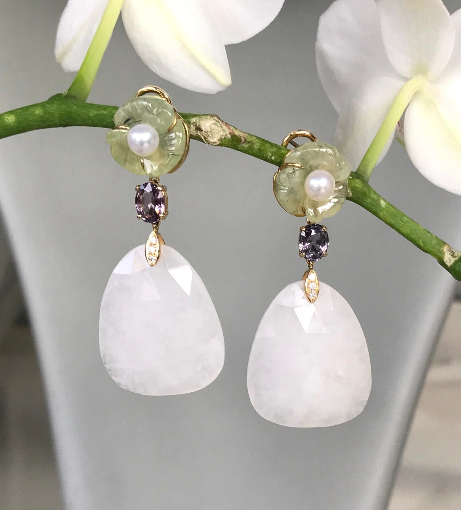 Mixed Cut 18 Karat Yellow Gold Prehnite Pearl Spinel Agate Diamond Drop Dangle Earrings