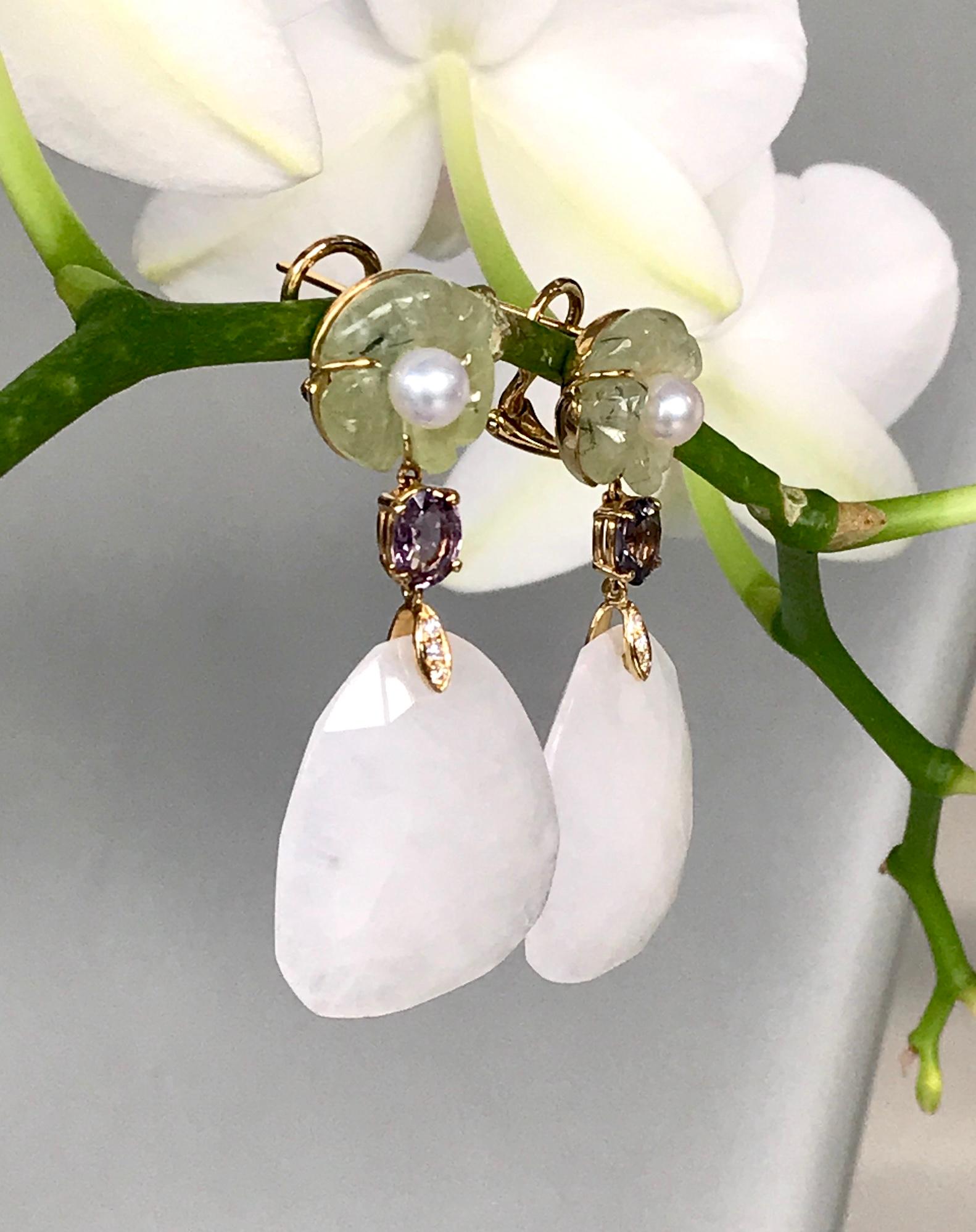 18 Karat Yellow Gold Prehnite Pearl Spinel Agate Diamond Drop Dangle Earrings In New Condition In New York, NY