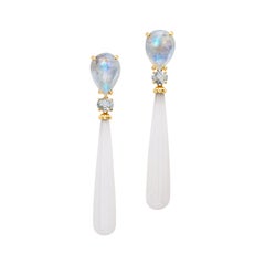 18 Karat Yellow Gold Rainbow and White Moonstone Sapphire Drop Dangle Earrings