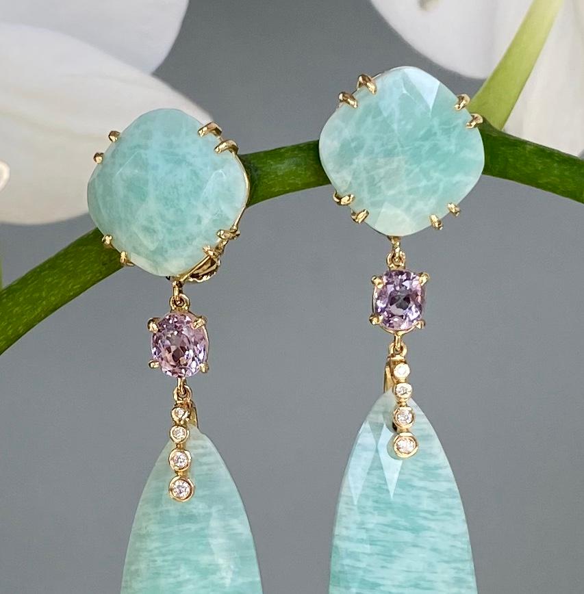 One-of-a-kind rose-cut amazonite earrings with spinels and diamonds, handcrafted in 18 karat yellow gold. 2 3/4 inches or 70 mm length.

A beautiful shade of aqua that evokes the refreshing summer seas, these amazonite, lavender spinel and white